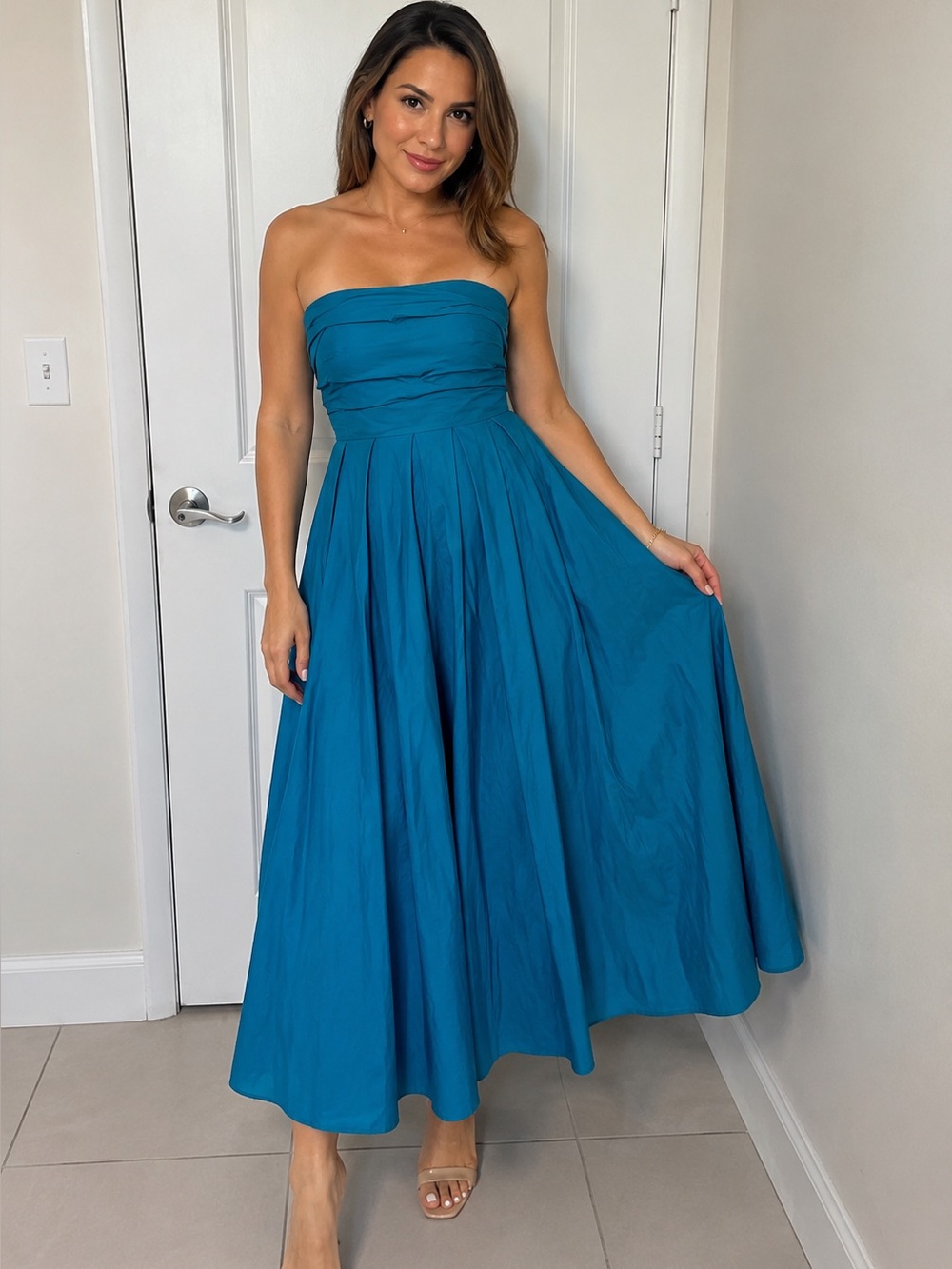 Strapless Teal A-Line Evening Dress